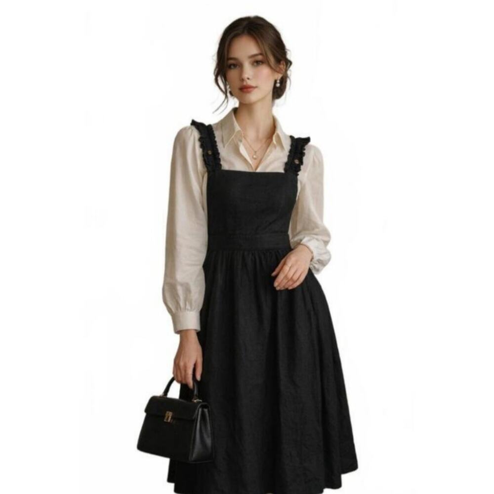 Forever 21 Charcoal Black Linen Rayon Apron Pinafore Midi Dress Summer Casual L